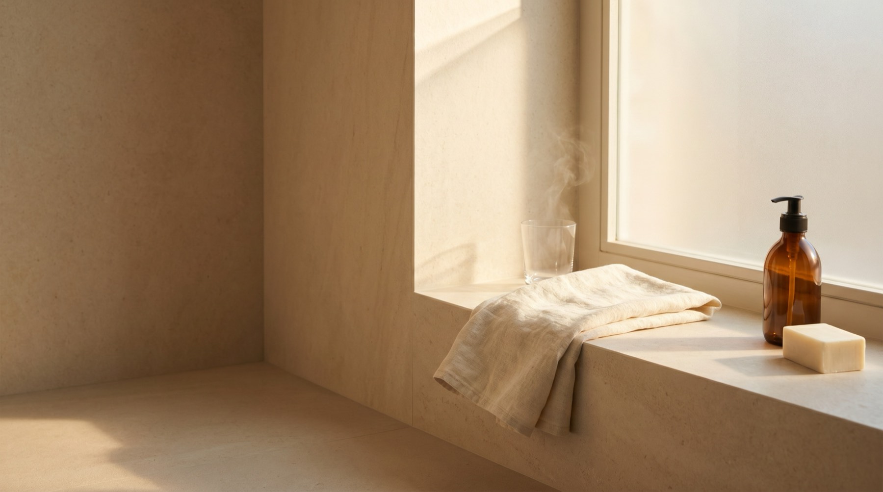 A sunlit bathroom ledge with a folded linen towel, a glass of water, an amber pump bottle, and a bar of soap.